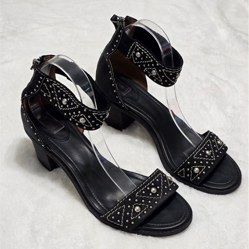 Frye Black Leather Studded Block Heel Sandals Ankle Strap 9.5M 3472004-BLK